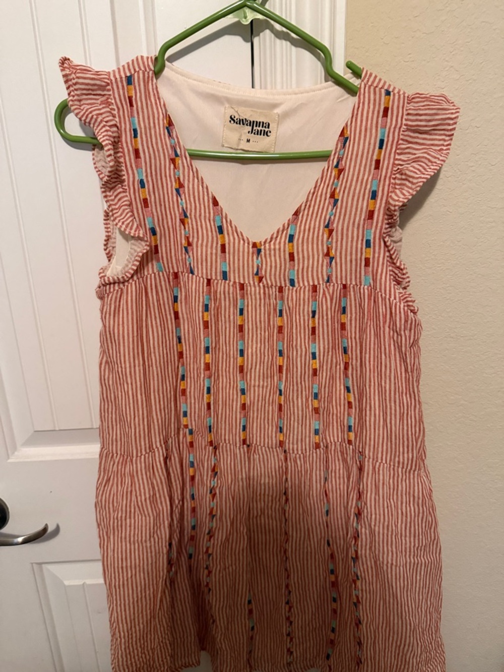 Savanna Jane Pink and Multicolor Striped Ruffle-Sleeve Dress